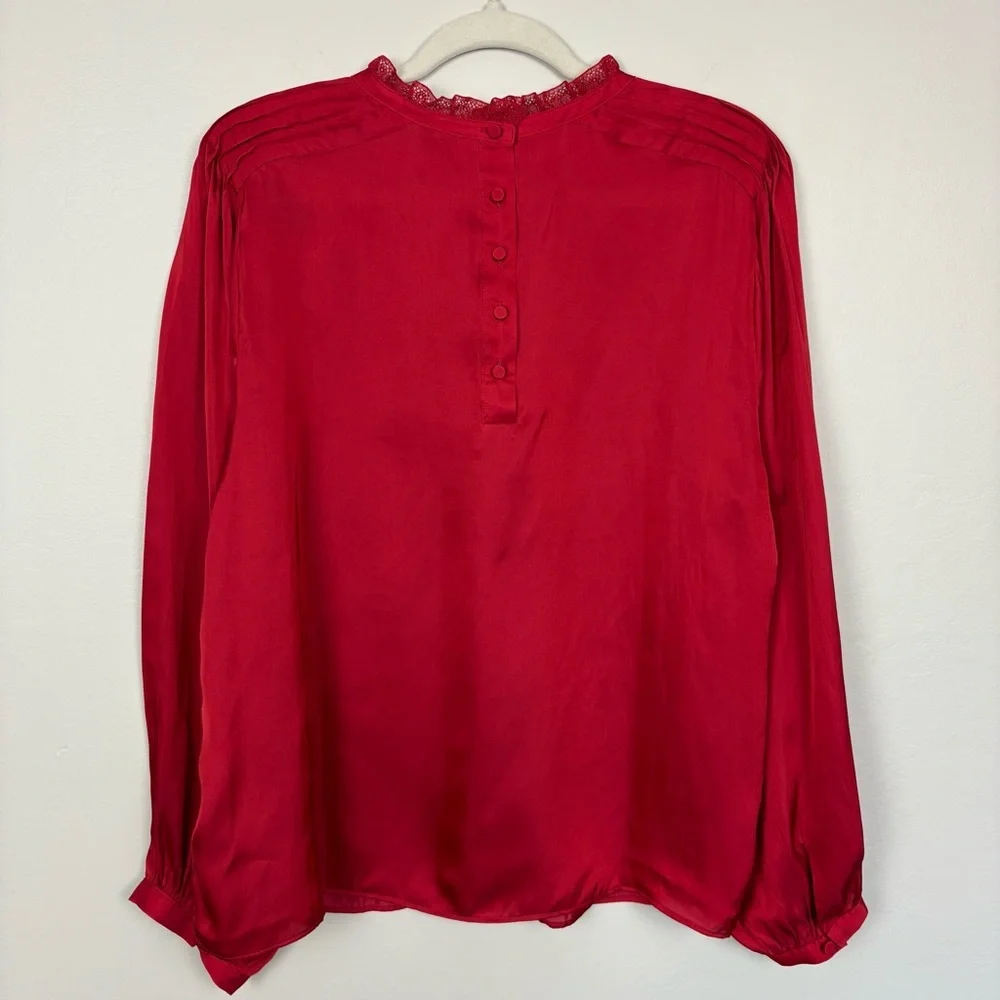 J. Crew Ruffle Neck Drapey Top NWT Size XL Red Satin Puff Sleeves Holidays Party